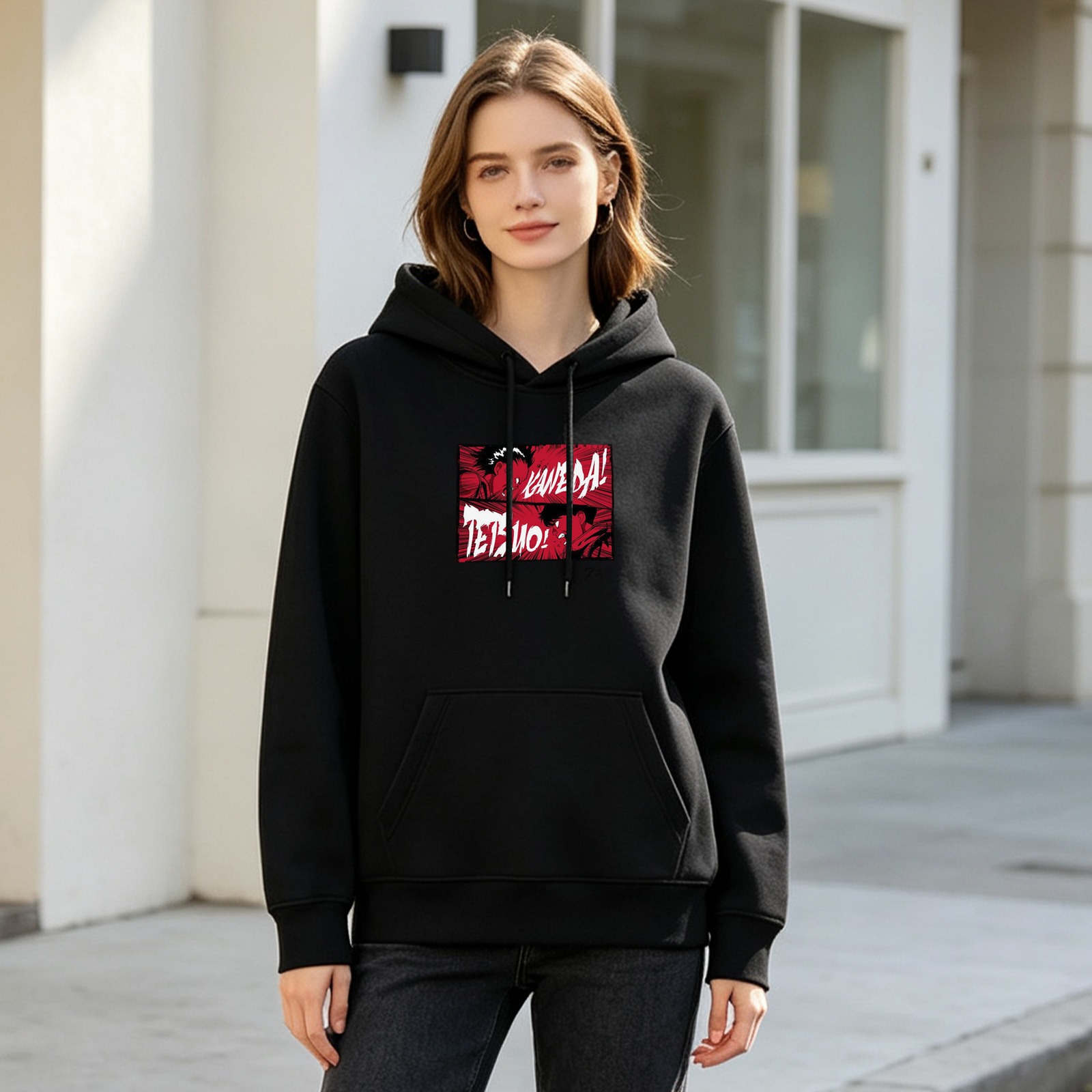 Black hoodie with Akira Kaneda Tetsuo anime graphic print
