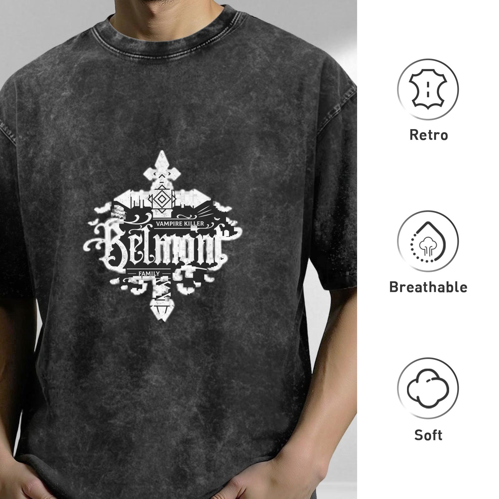 Belmont Vampire Killer Family Graphic Stonewashed Black T-Shirt