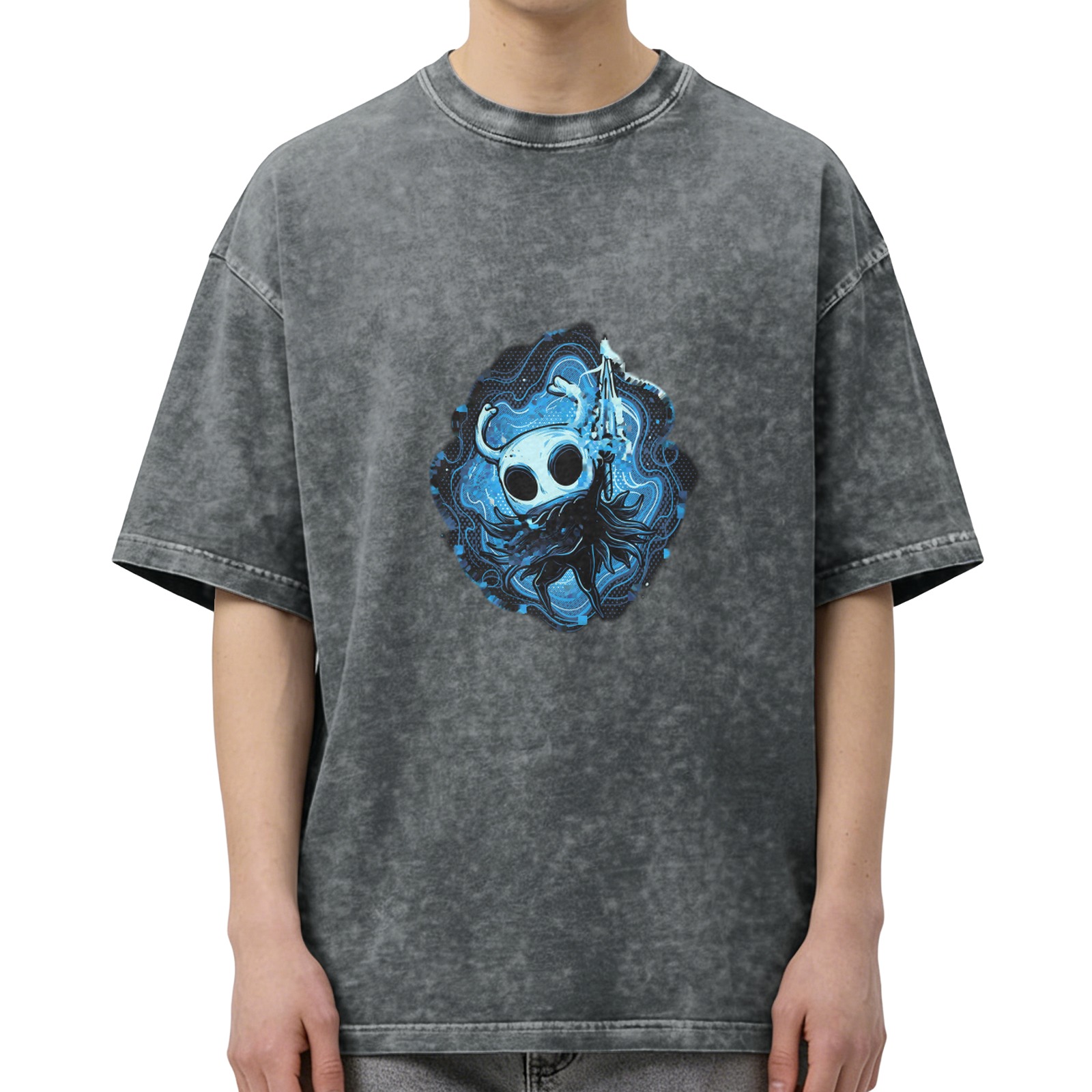Oversized Dark Wash T-Shirt With Hollow Knight Blue Art Print