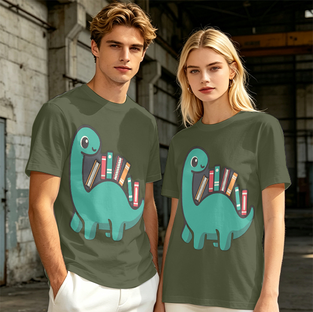 Olive T-shirt with cute dinosaur carrying books graphic
