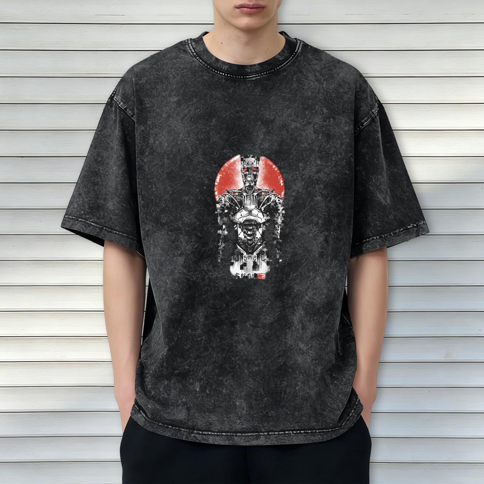 Washed Black Oversized T-Shirt with Terminator Robot Graphic