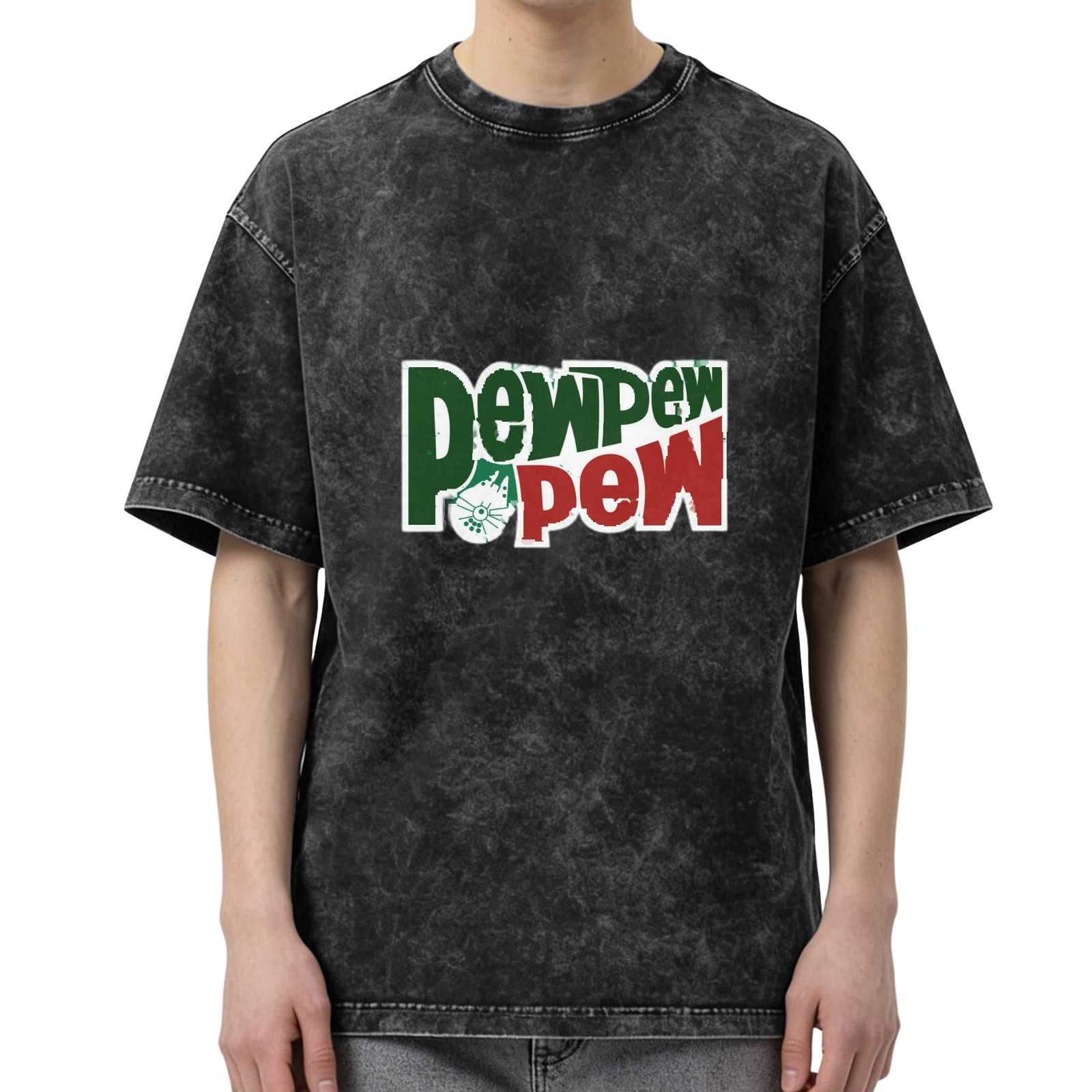 Distressed washed black loose short-sleeved T-shirt Fun Pew Pew Pew printed crew neck top