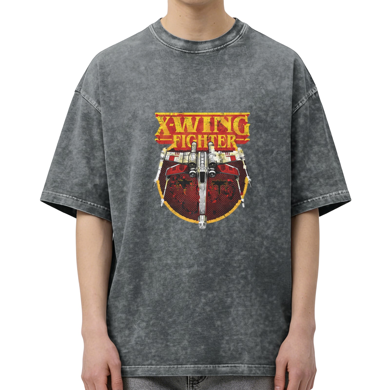 Oversized Dark Wash T-Shirt with X-Wing Fighter Graphic
