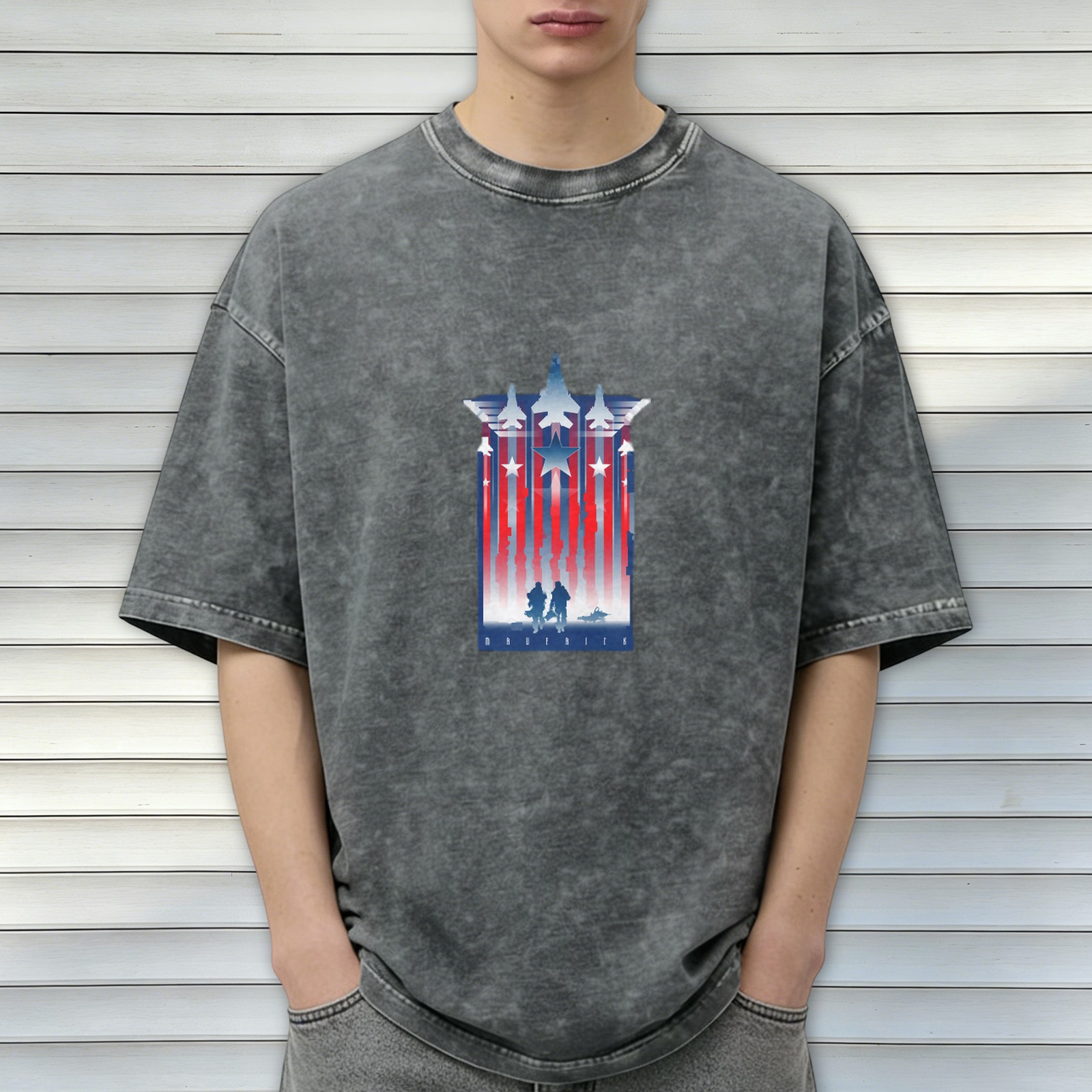 Oversized Black Acid Wash T-Shirt With Patriotic Military Jet And Soldier Graphic