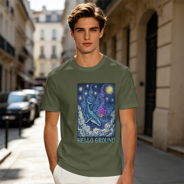 Olive T-Shirt with Whale Starry Night Art and Hello Ground Text