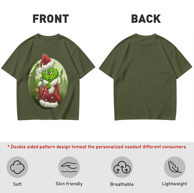 Olive Green T-Shirt Featuring The Grinch In Santa Costume