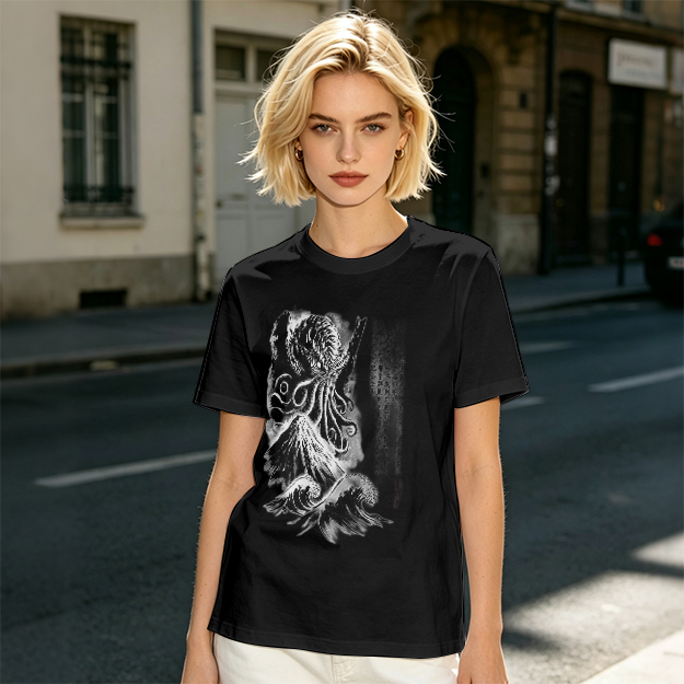 Olive T-shirt with Cthulhu and Wave Gothic Art Print