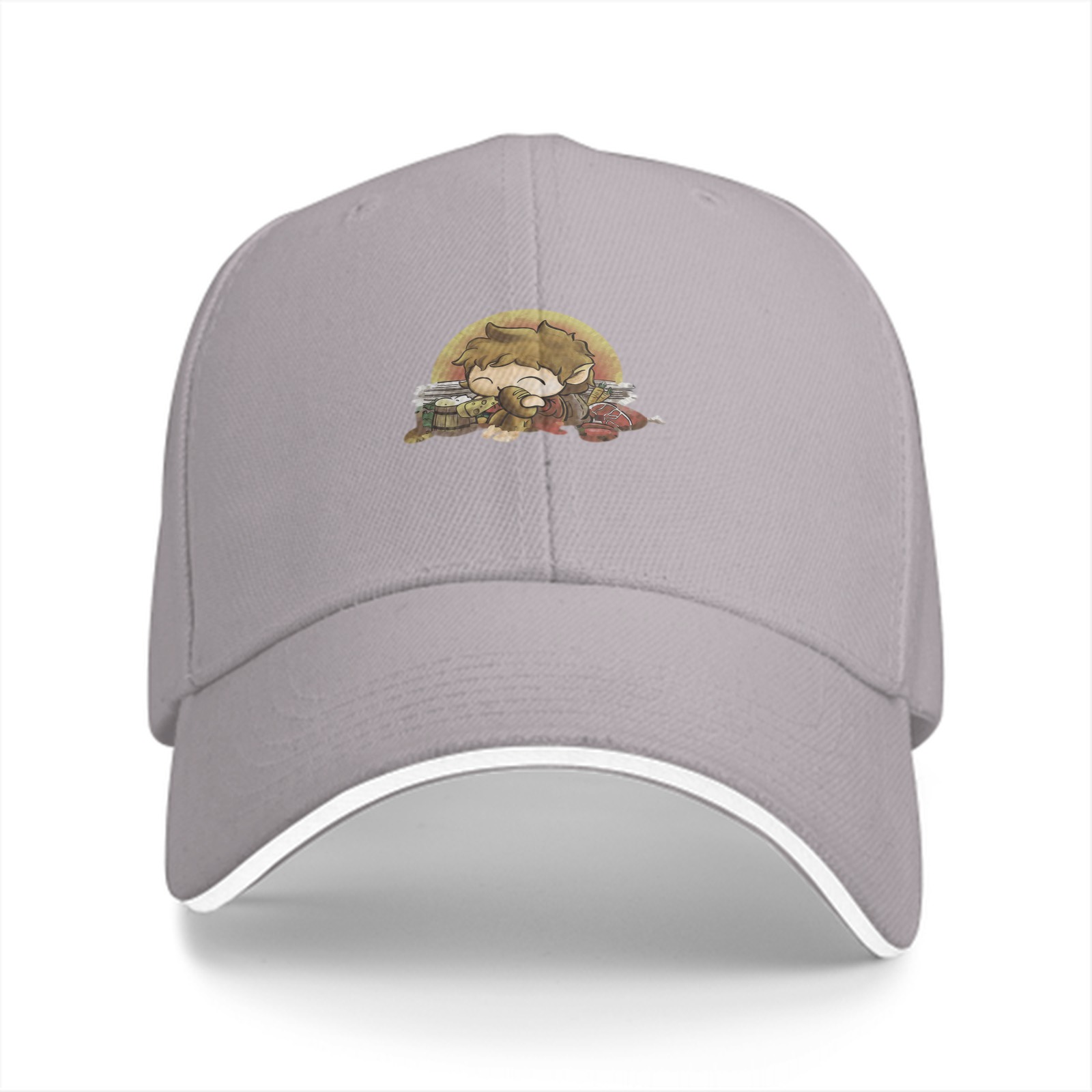 Black baseball cap with cute hobbit and treasure graphic