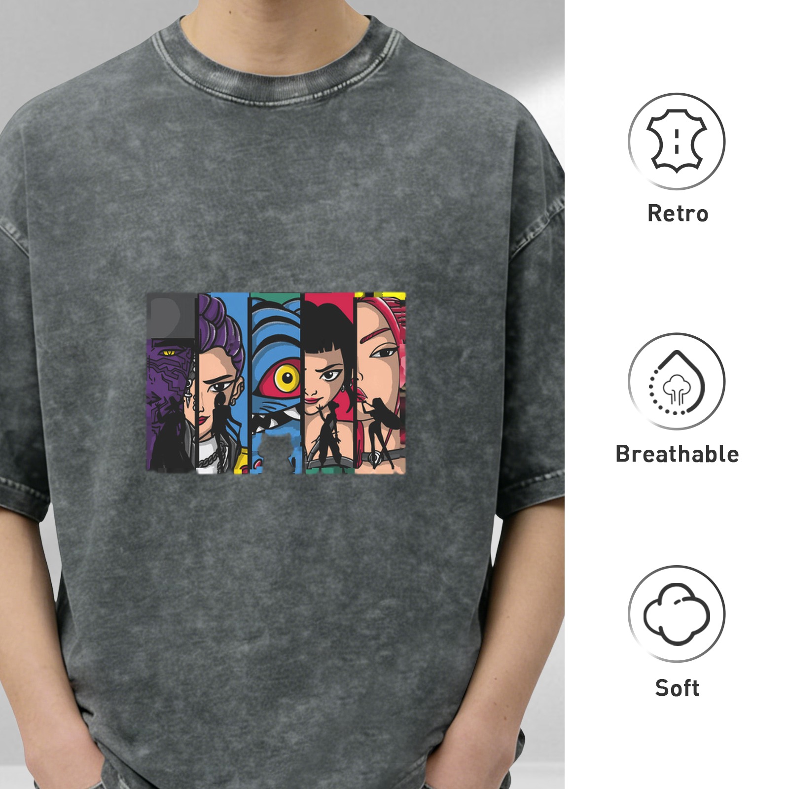Oversized Acid Wash T-Shirt With Comic Style Character Art Print