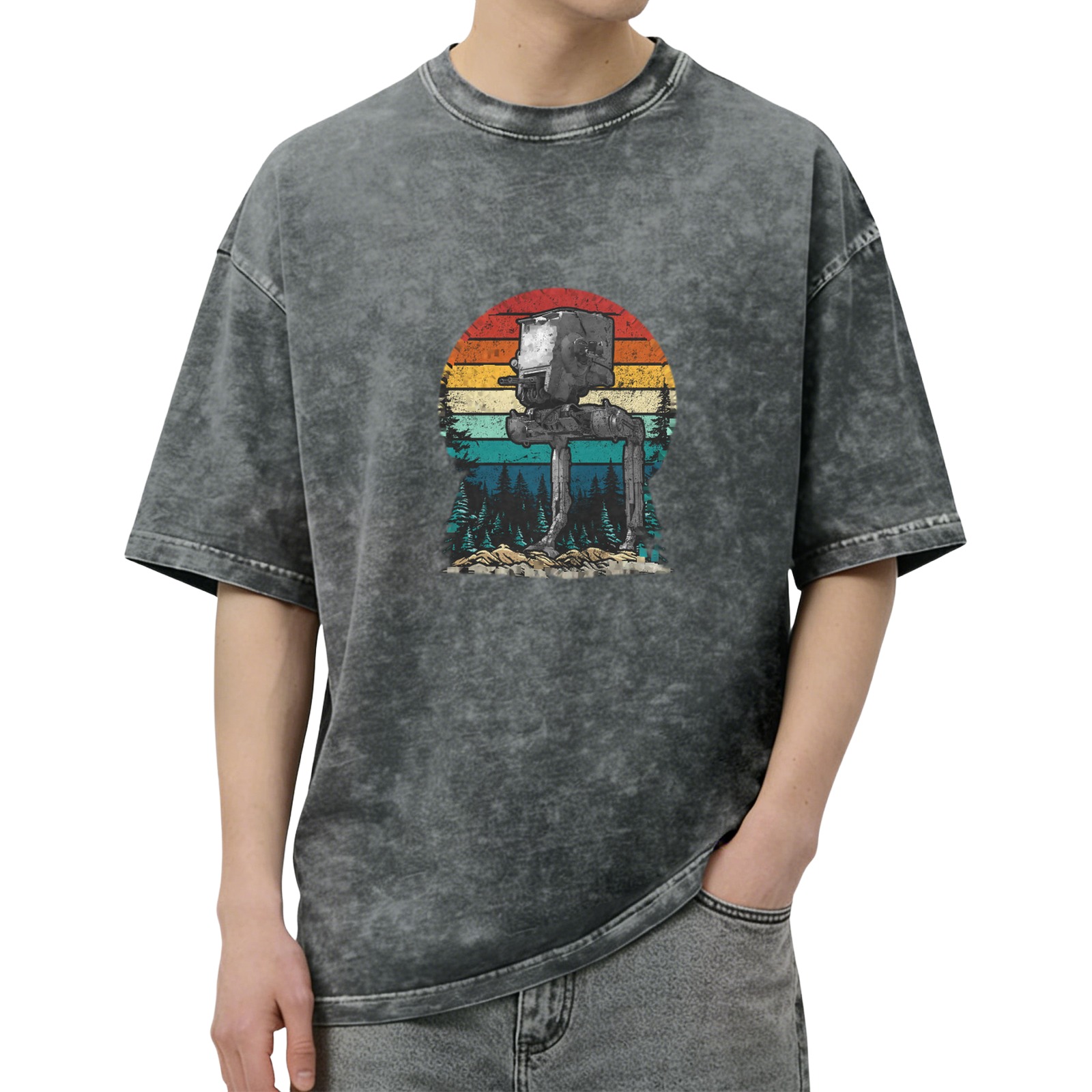 Star Wars AT-ST Walker Retro Sunset Forest Acid Wash T-Shirt