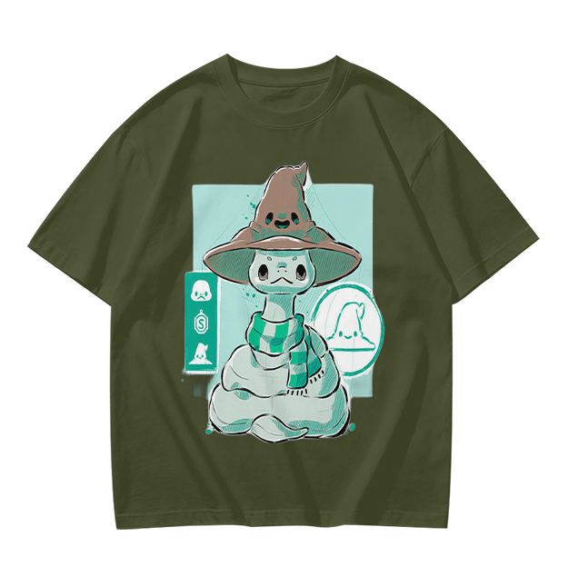 Olive T-Shirt With Cute Wizard Snake Graphic Design