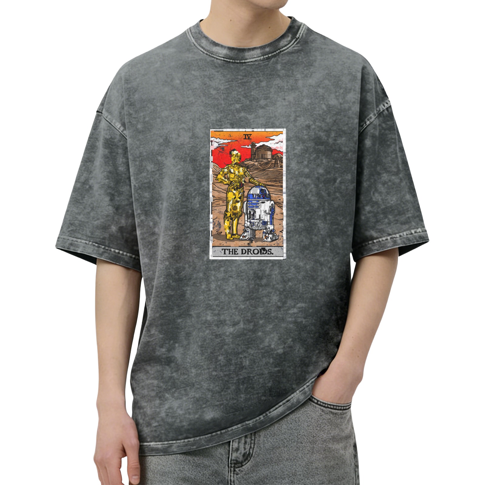 Star Wars The Droids Tarot Card Graphic Oversized Stone Wash T-Shirt