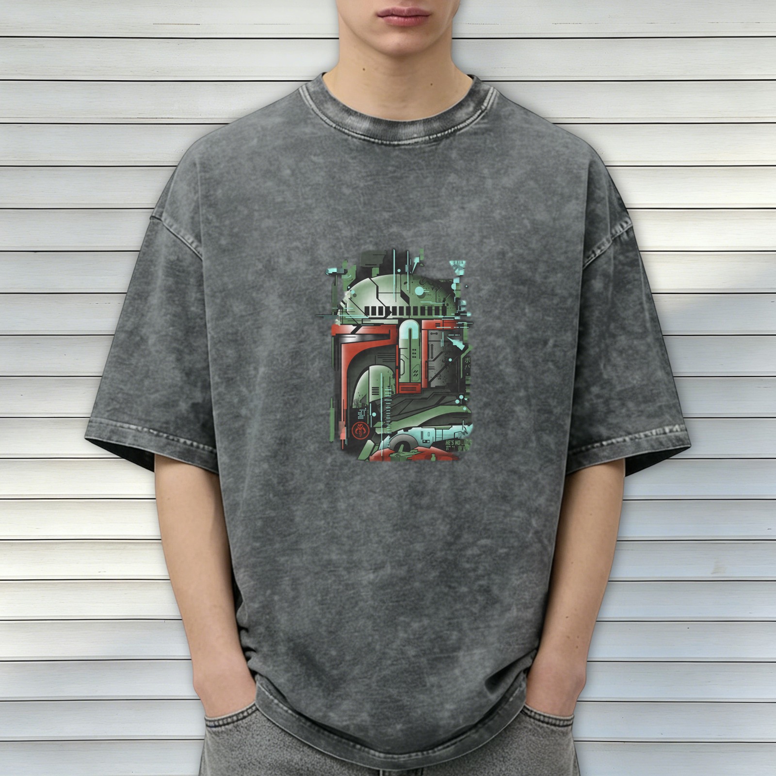 Star Wars Boba Fett Helmet Graphic Oversized Stone Wash T-Shirt