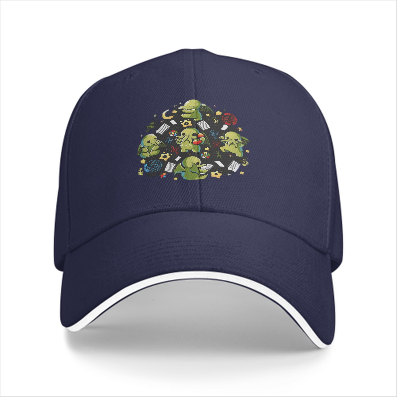 Black Baseball Cap With Cute Cthulhu Themed Print