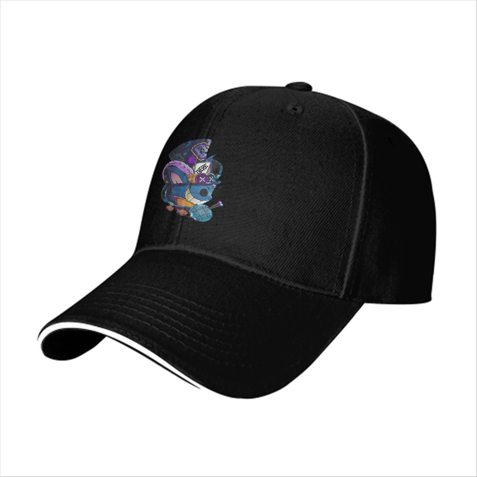 Black baseball cap with whimsical blue creature graphic