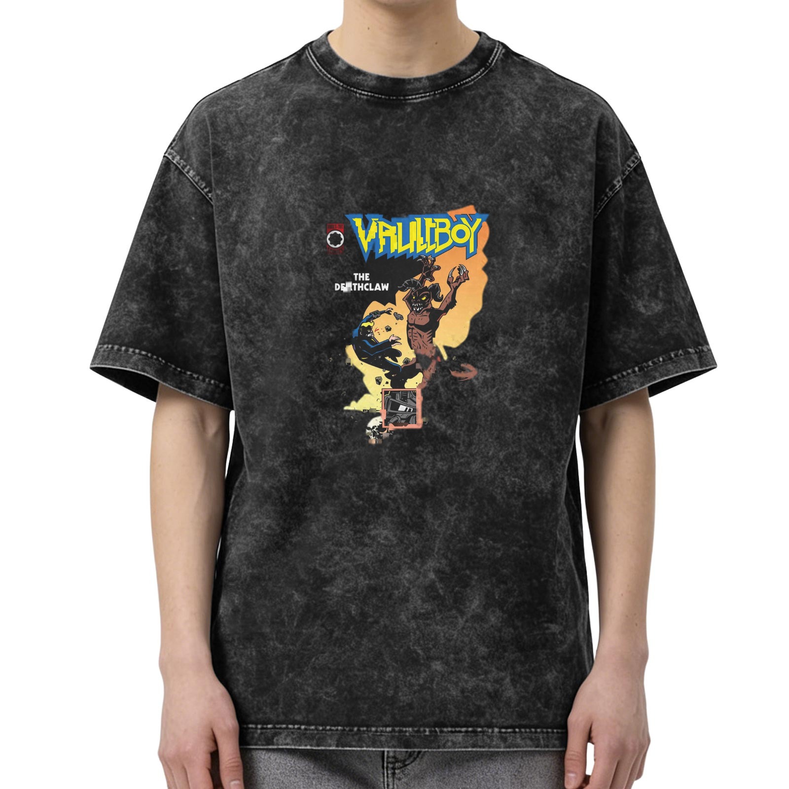acid wash graphic t-shirt with vault boy deathclaw comic print