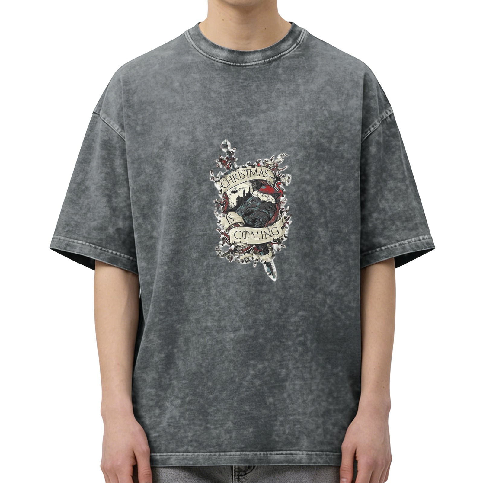 Washed Black Graphic T-Shirt with Christmas Is Coming Design