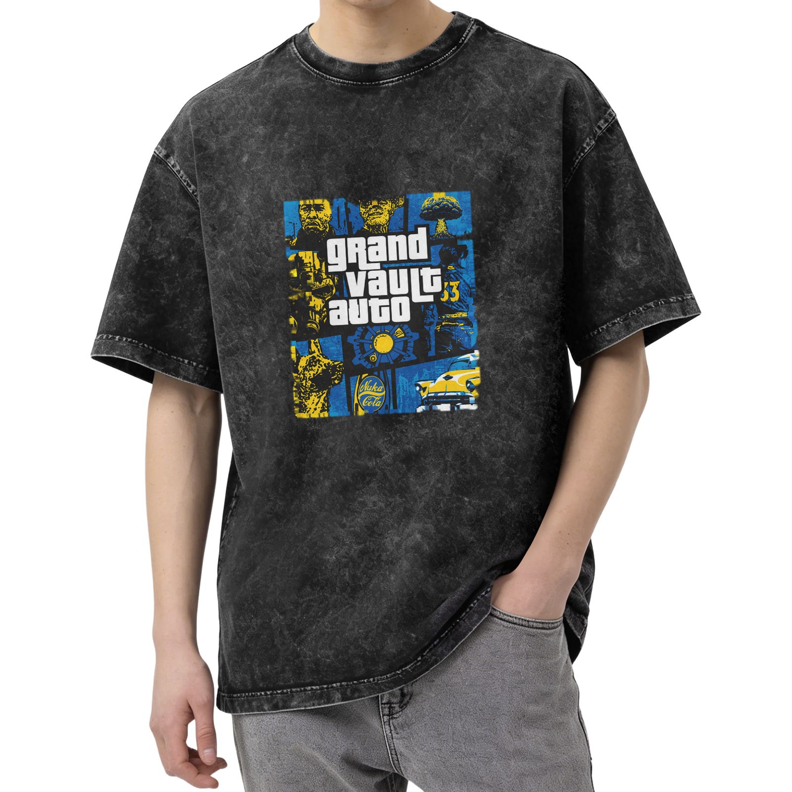 Grand Vault Auto Fallout GTA Crossover Graphic Acid Wash T-Shirt