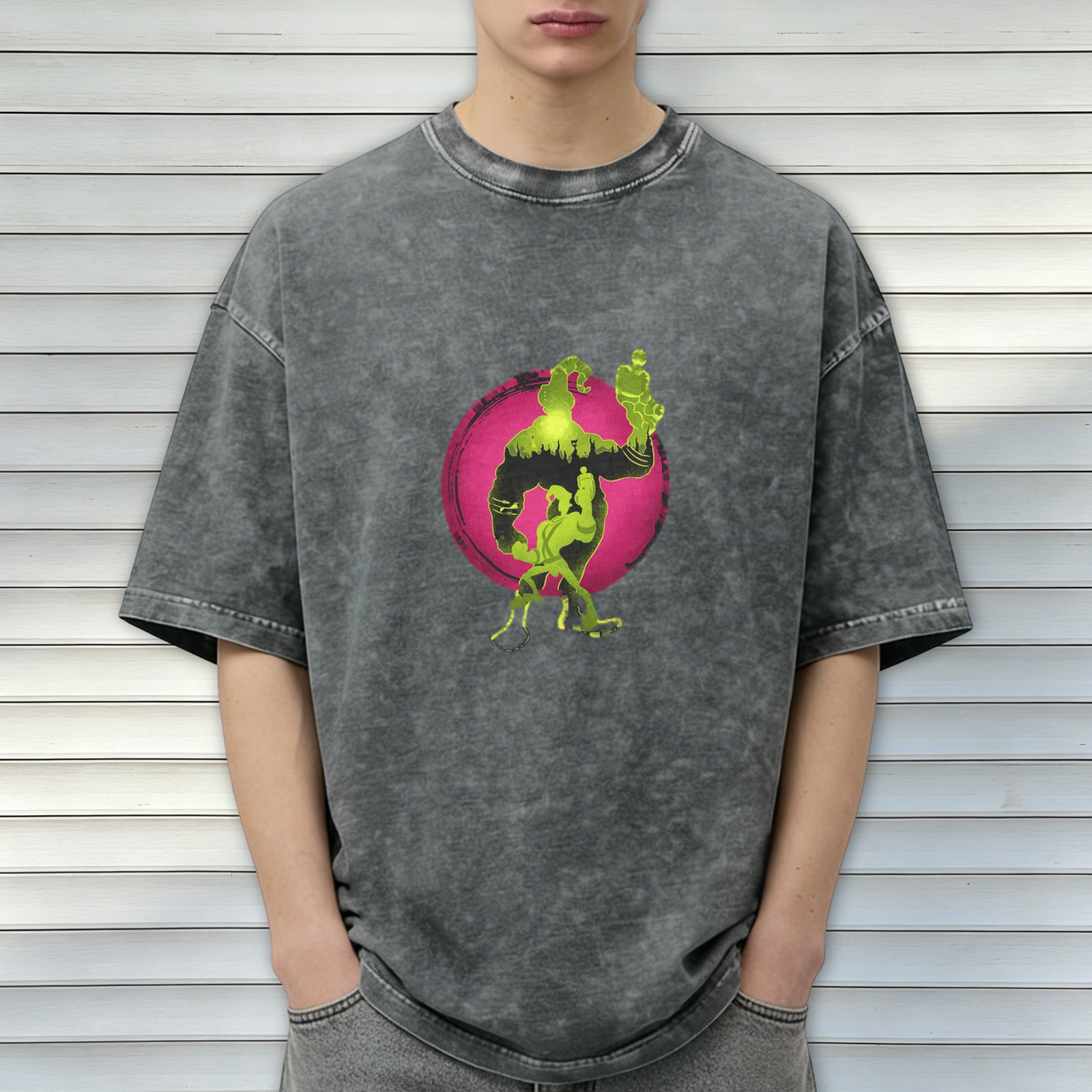 Oversized Acid Wash T-Shirt With Neon Green Cartoon Silhouette Print