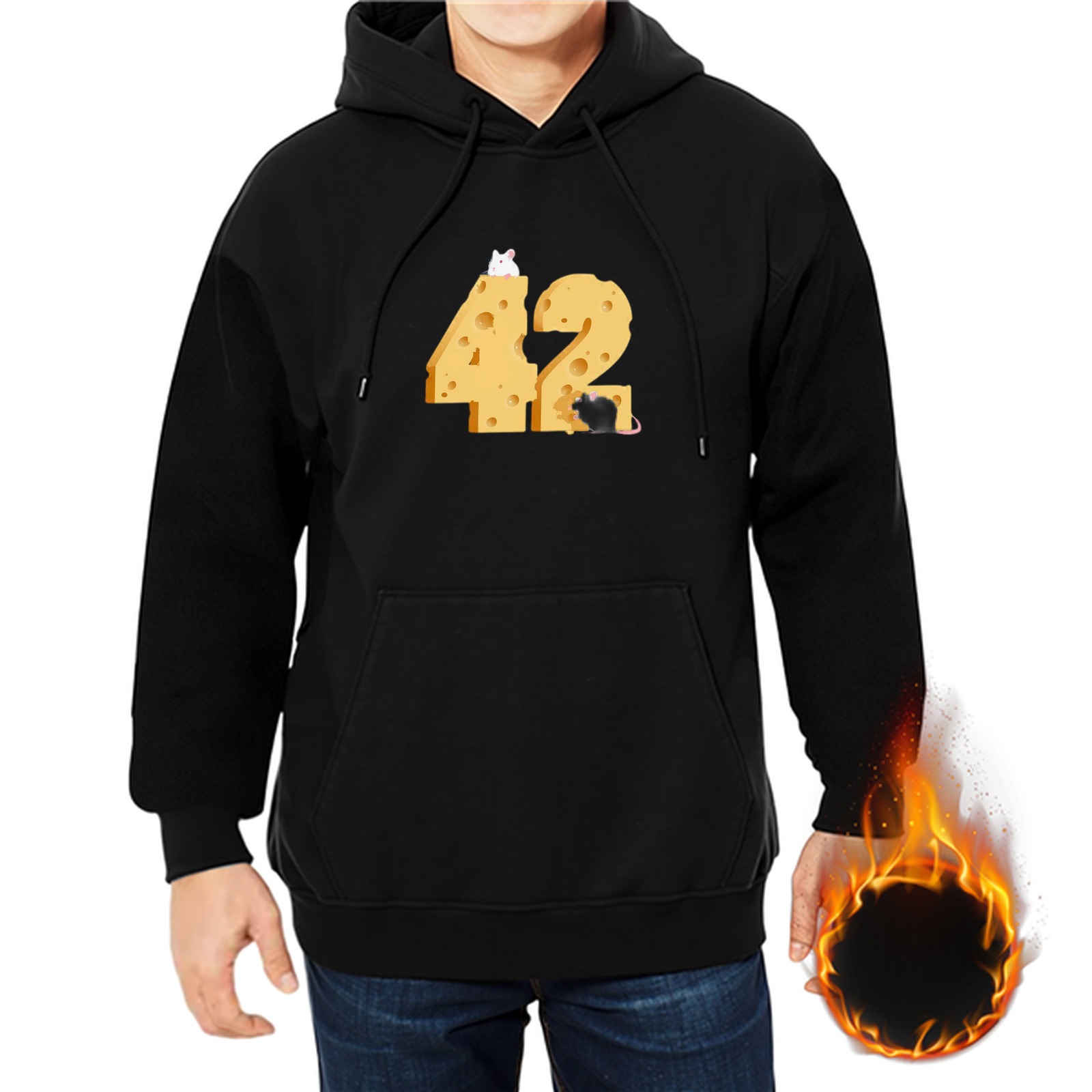 Black hoodie with cheese shaped number 42 and mice graphic