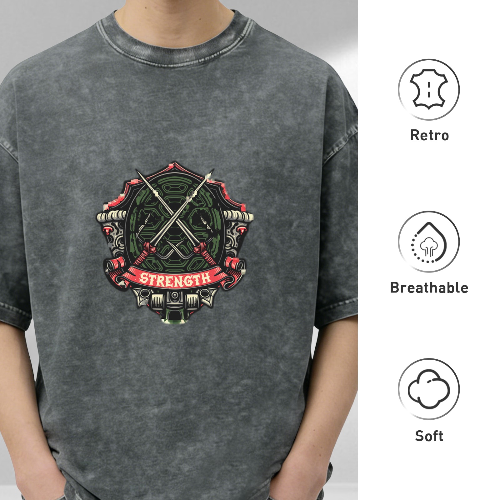 Washed Black Graphic T-Shirt With Strength Crest Design