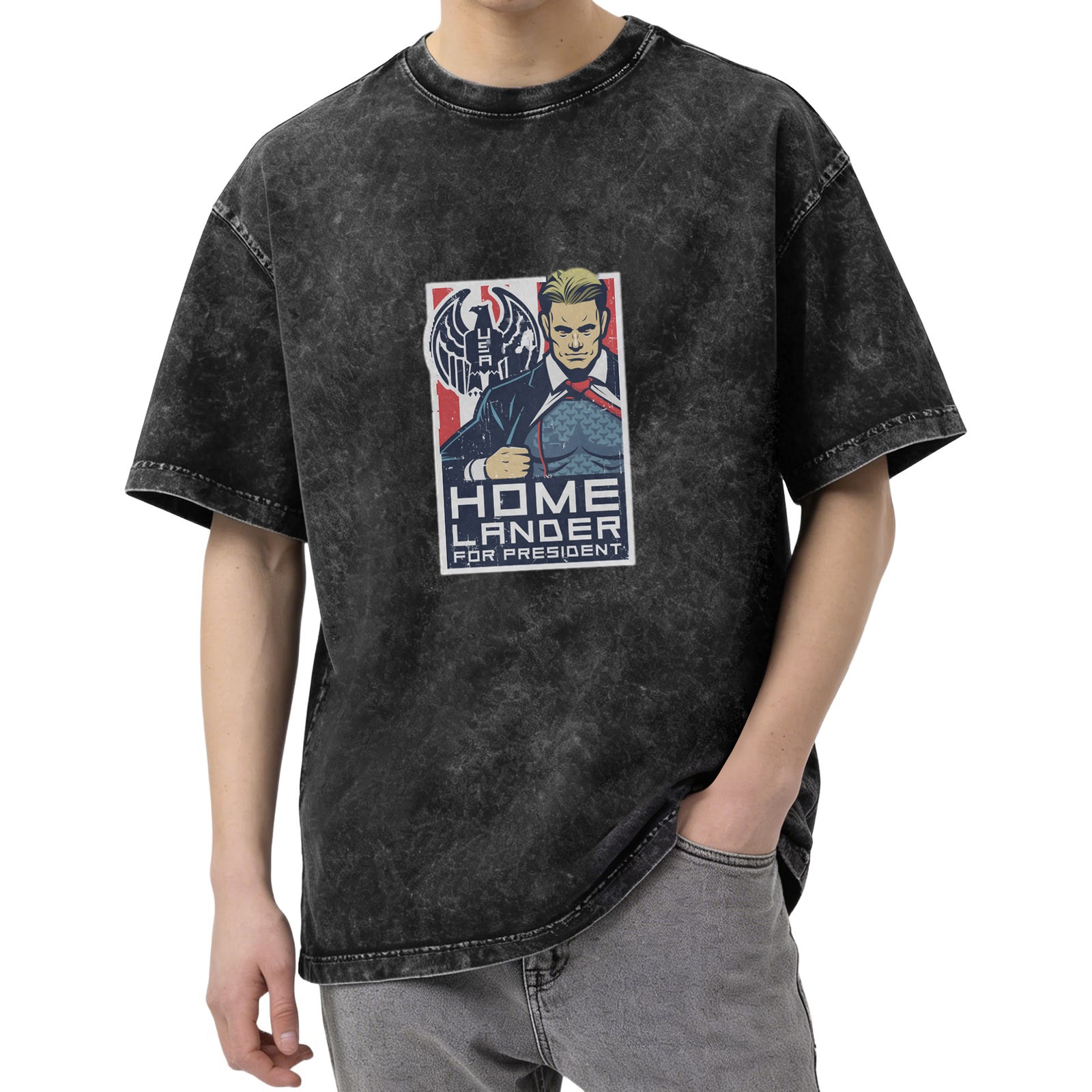 Washed Black T-Shirt With Homelander For President Graphic Print
