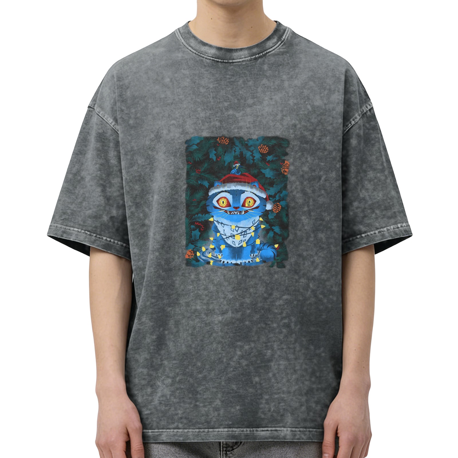 Distressed Black Christmas Blue Cat Print Short Sleeve T-Shirt