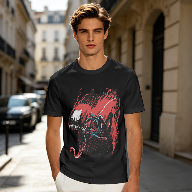 Olive T-shirt with Spider-Man and Symbiote Villain Graphic