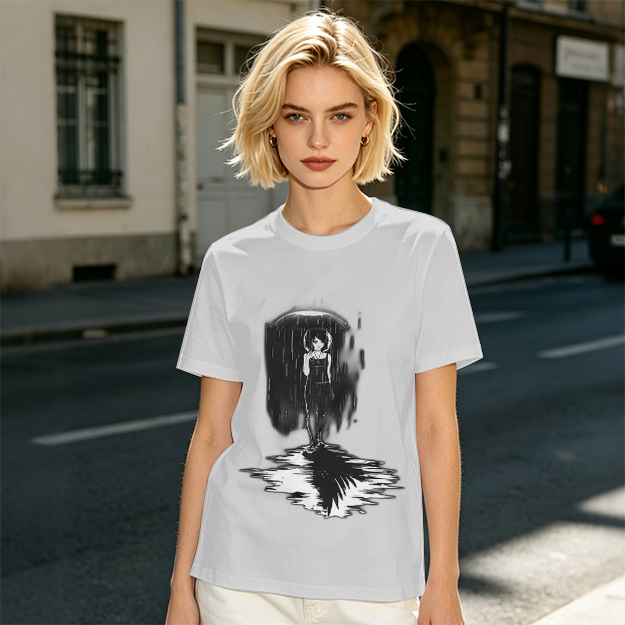Olive T-Shirt With Rainy Figure And Shadow Graphic Print
