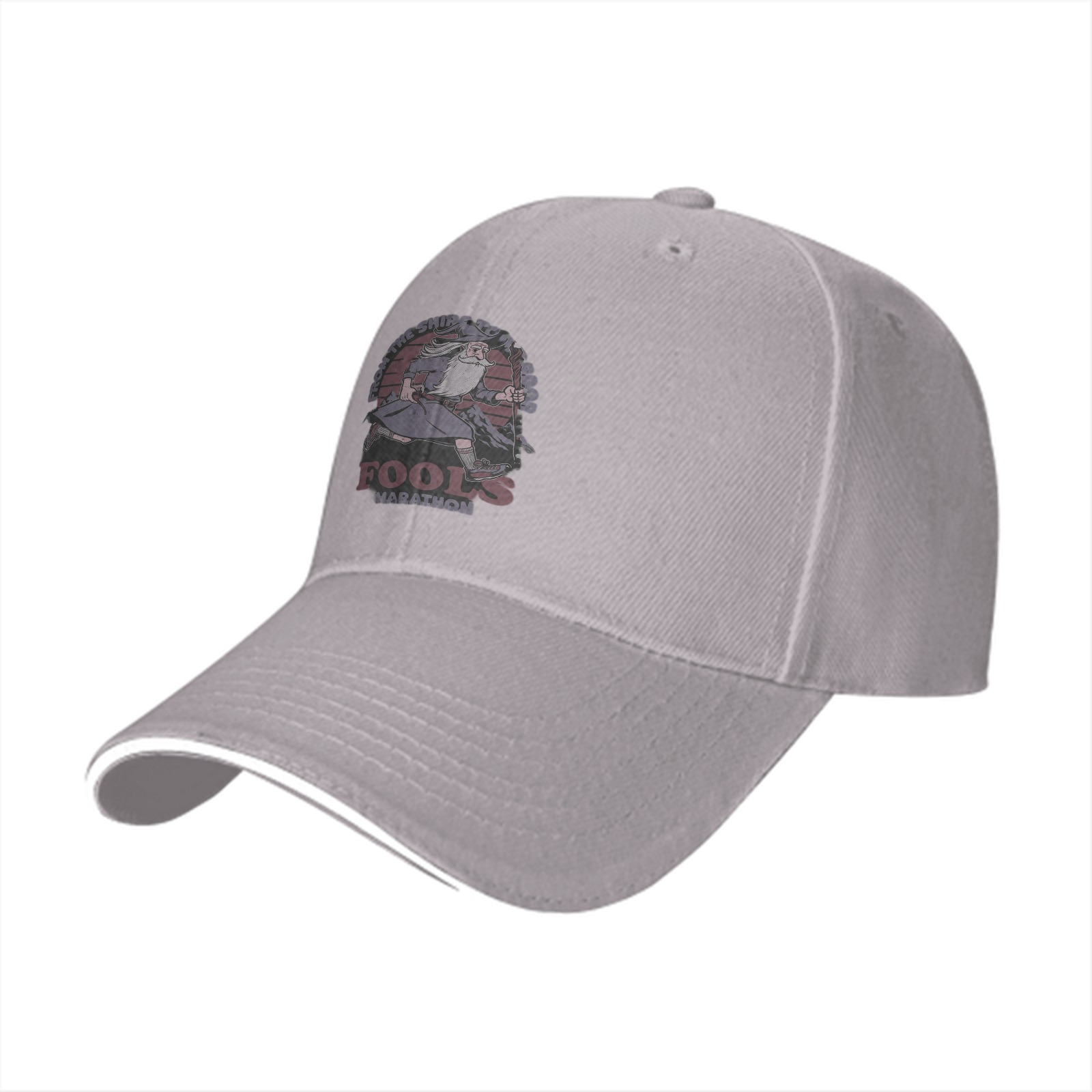 Black baseball cap with 'Fools Marathon' wizard graphic print