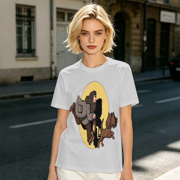 Olive T-Shirt With Cartoon Man And Dog Running Graphic