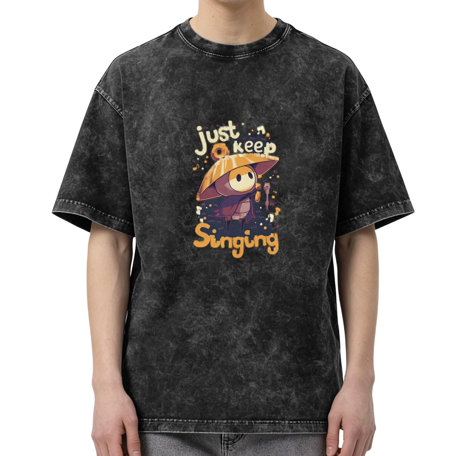 Just Keep Singing Mushroom Character Graphic Acid Wash T-Shirt