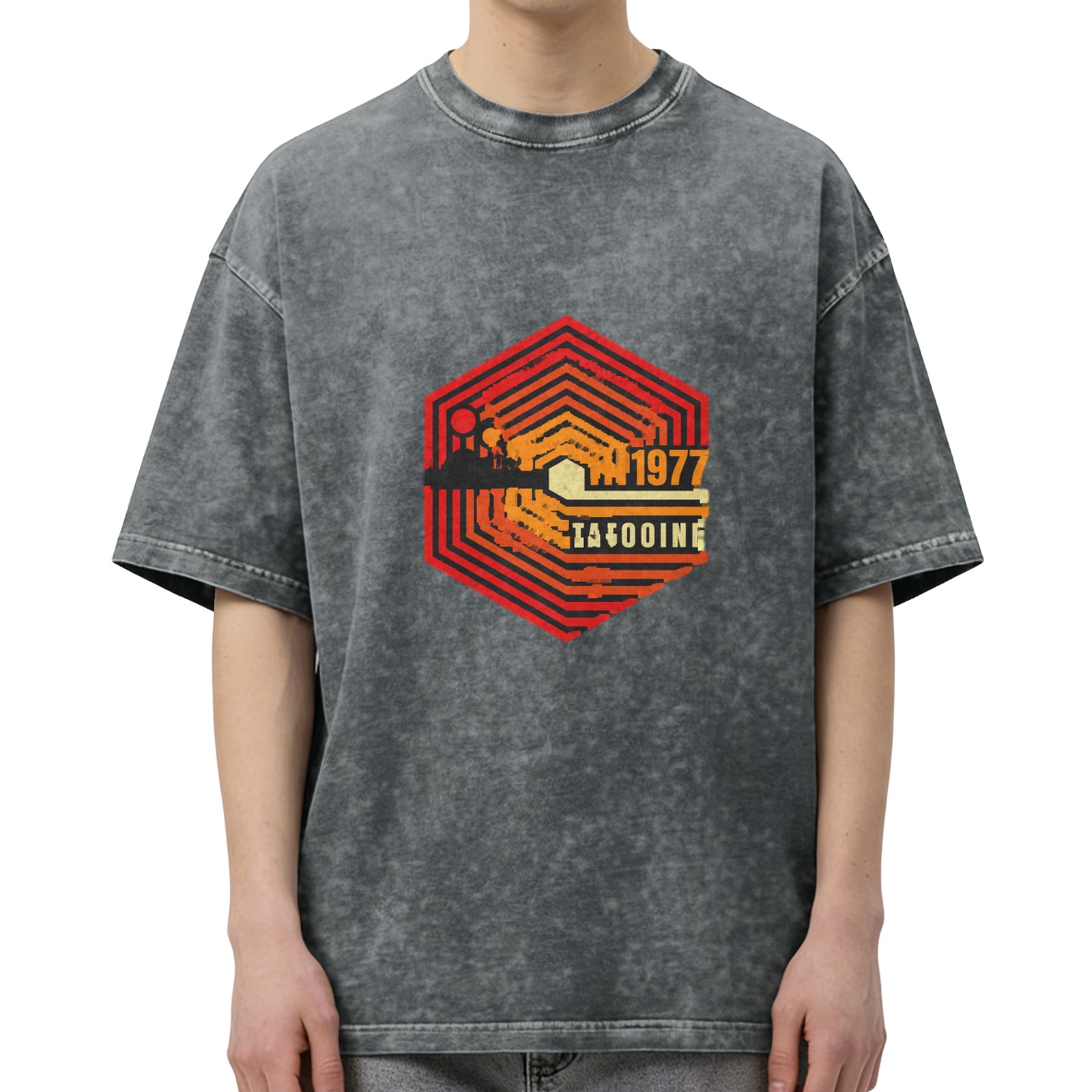 Vintage 1977 Tatooine Hexagon Graphic Stonewashed Black T-Shirt