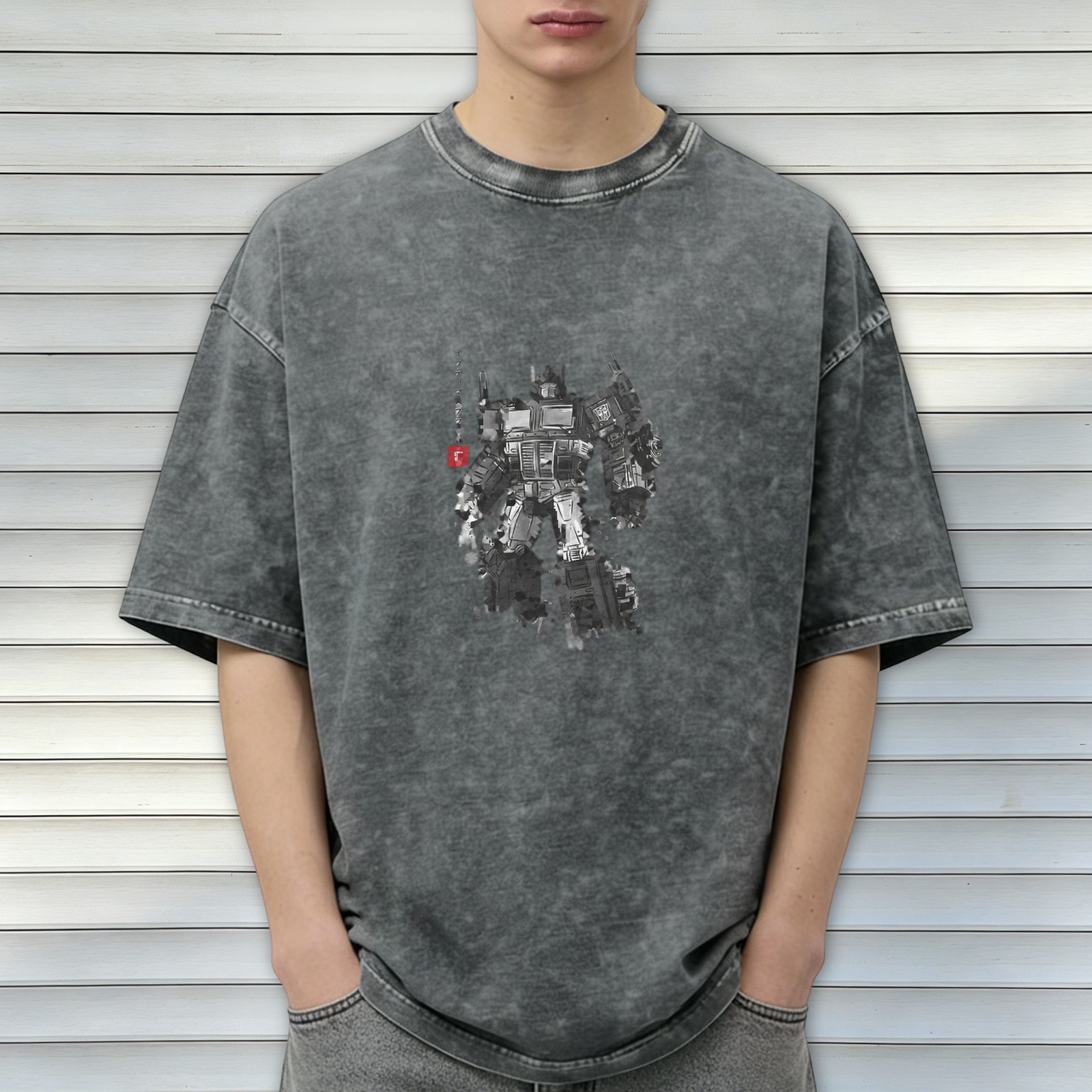 oversized faded black t-shirt with distressed robot graphic print