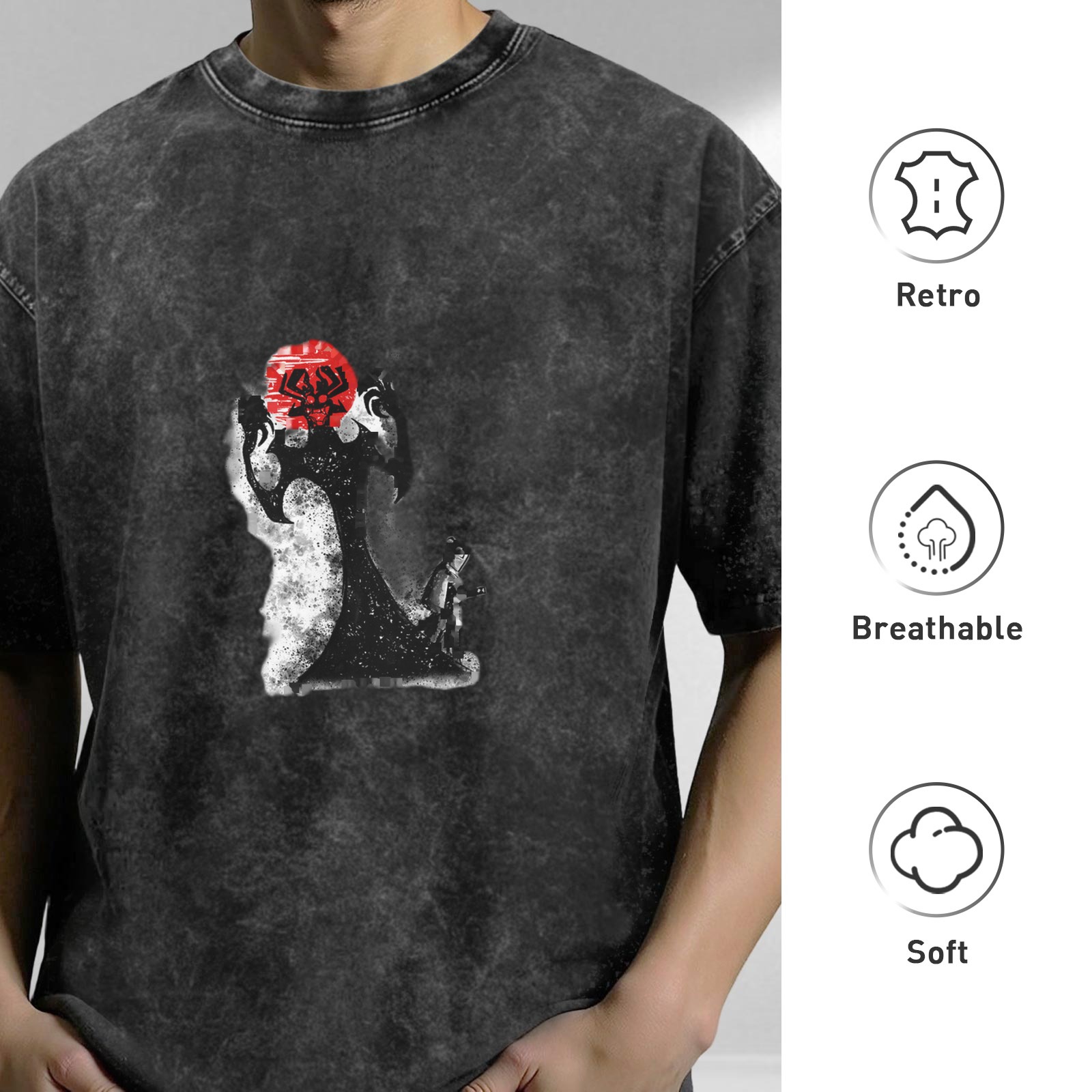 Oversized Acid Wash Graphic T-Shirt With Red Sun And Abstract Figure Print