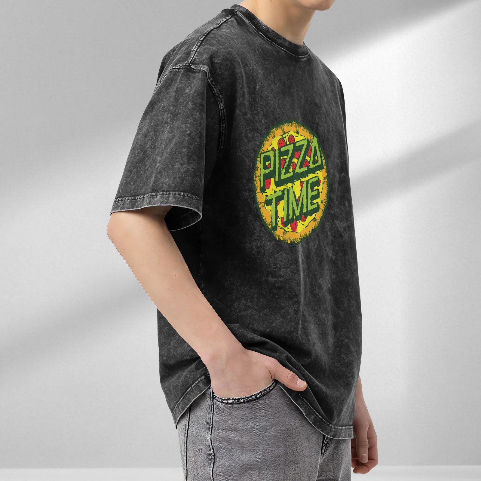 oversized acid wash t-shirt with pizza time graphic print