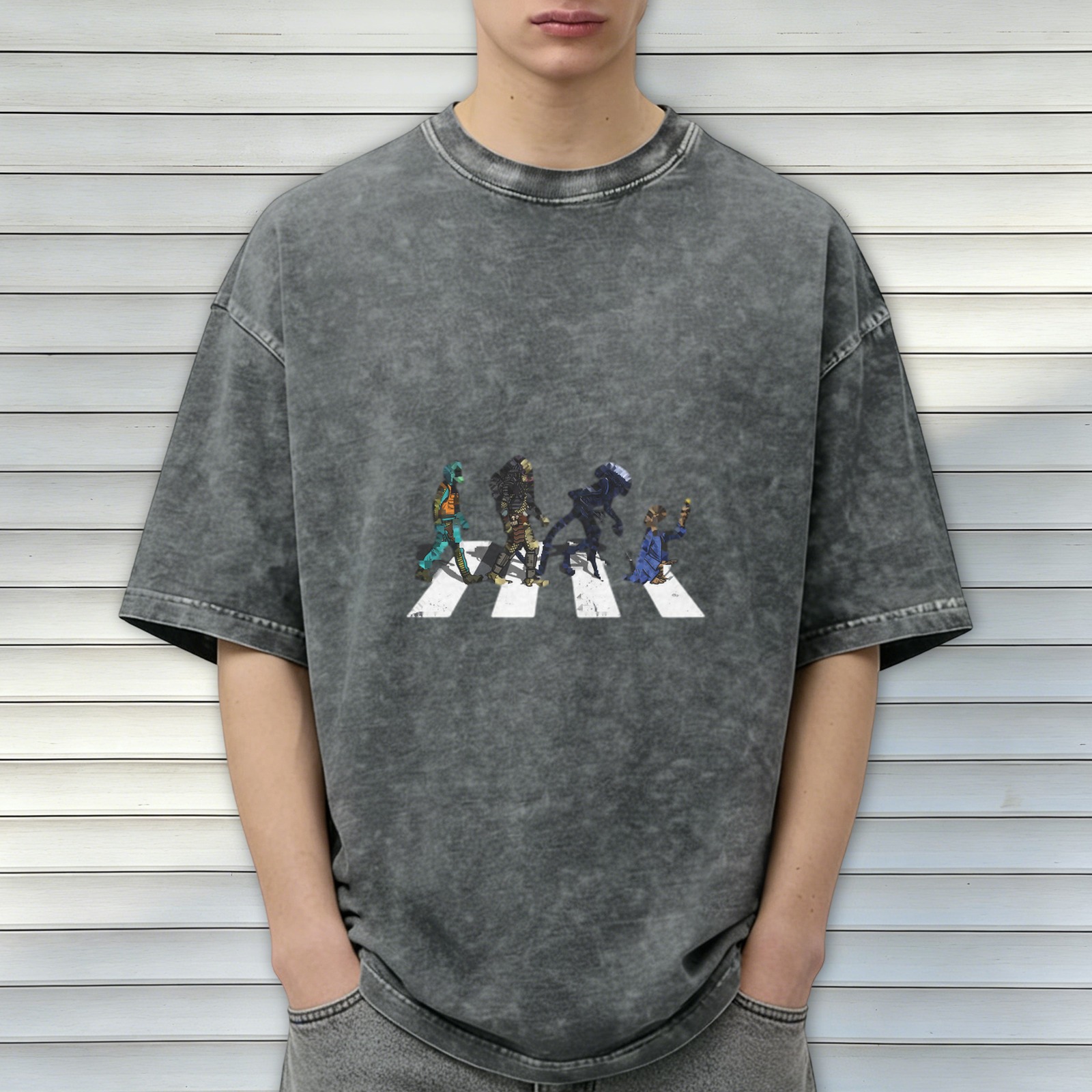 Oversized Acid Wash T-Shirt With Crosswalk Character Art Print