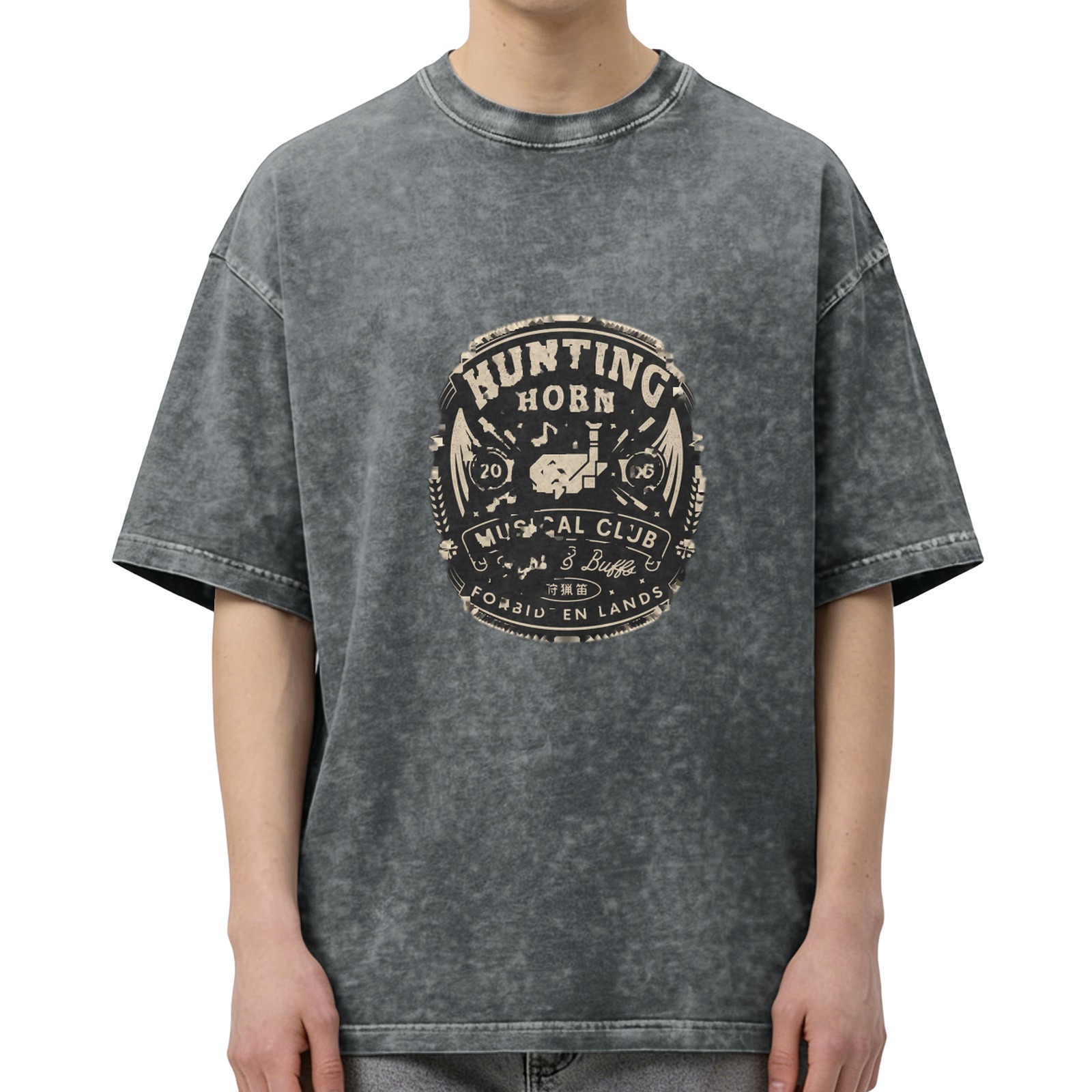 Washed Black Graphic T-Shirt with Hunting Horn Musical Club Print