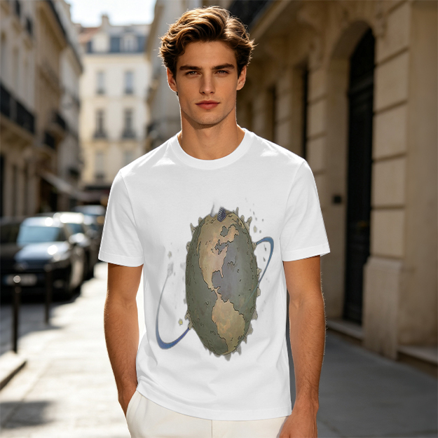 Olive Green T-Shirt With Distorted Earth Graphic Print