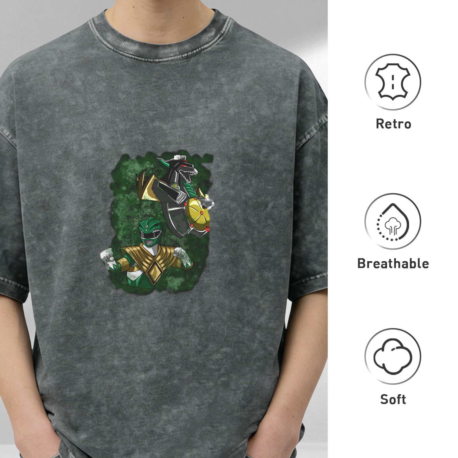 Oversized Stonewashed T-Shirt with Green Ranger Dragonzord Graphic
