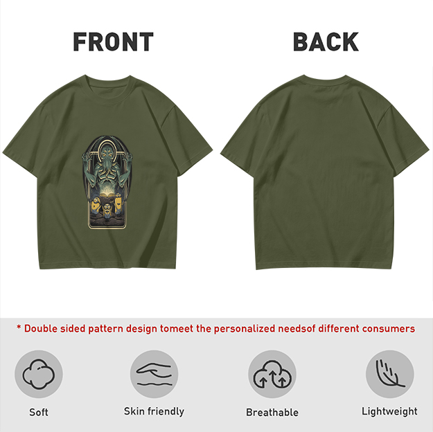 Olive Green T-Shirt with Cthulhu and Minions Graphic Print
