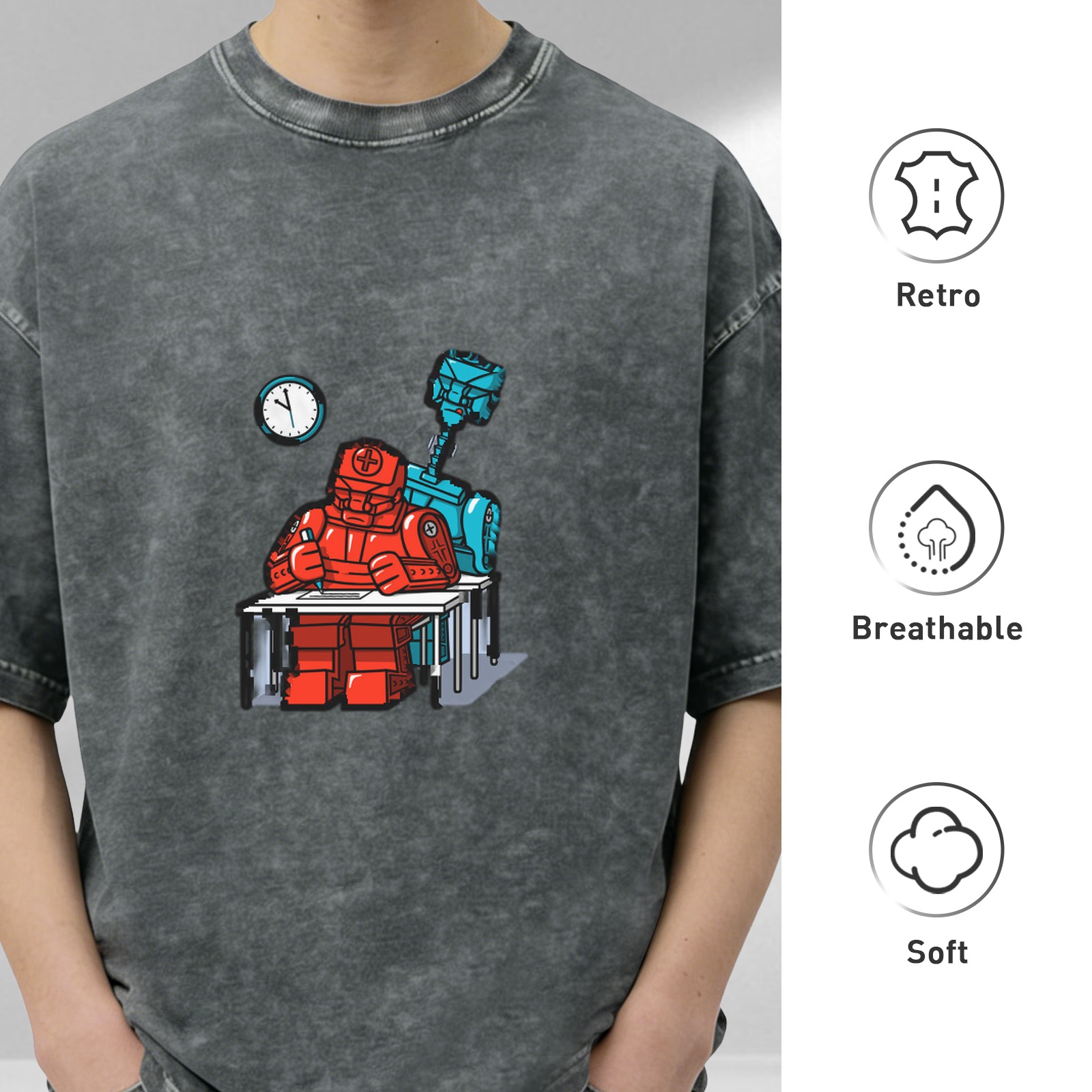 Washed black t-shirt with cartoon robot working at desk graphic