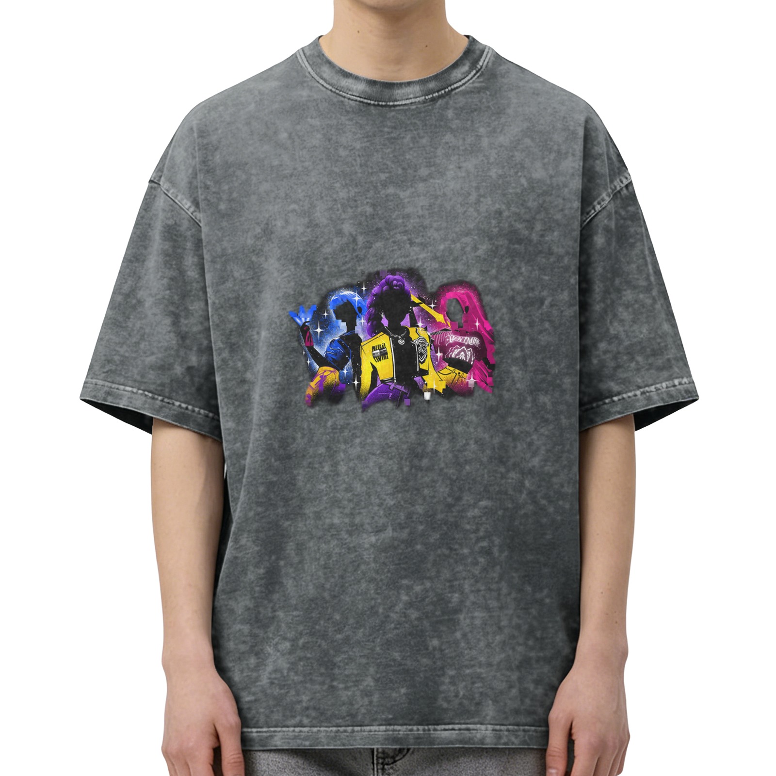 Oversized Acid Wash T-Shirt With Neon Anime Character Silhouette Graphic