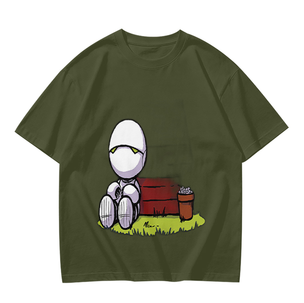 Olive T-Shirt With Sad Sitting Robot Graphic Print