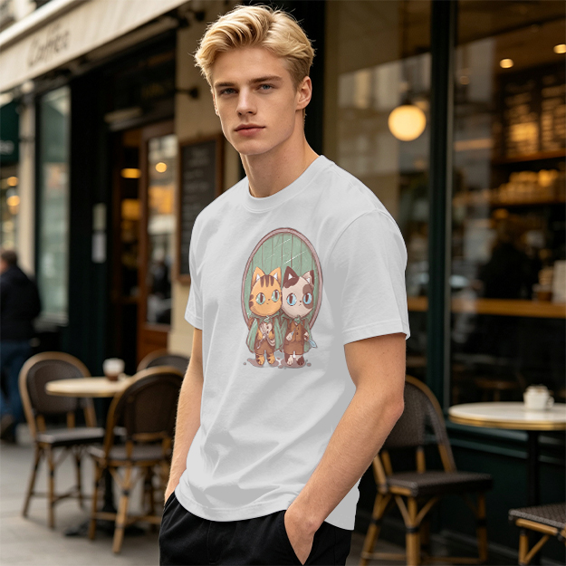 Olive Green T-Shirt With Cute Cat Fantasy Character Print