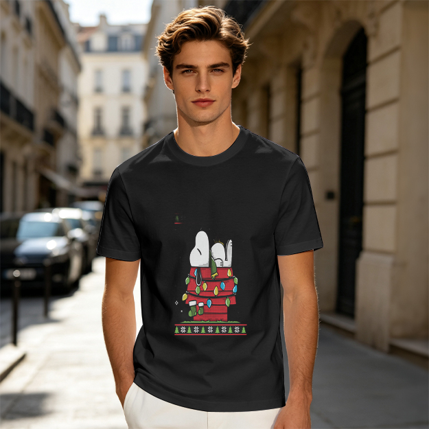 Olive T-Shirt with Snoopy Christmas Doghouse Design