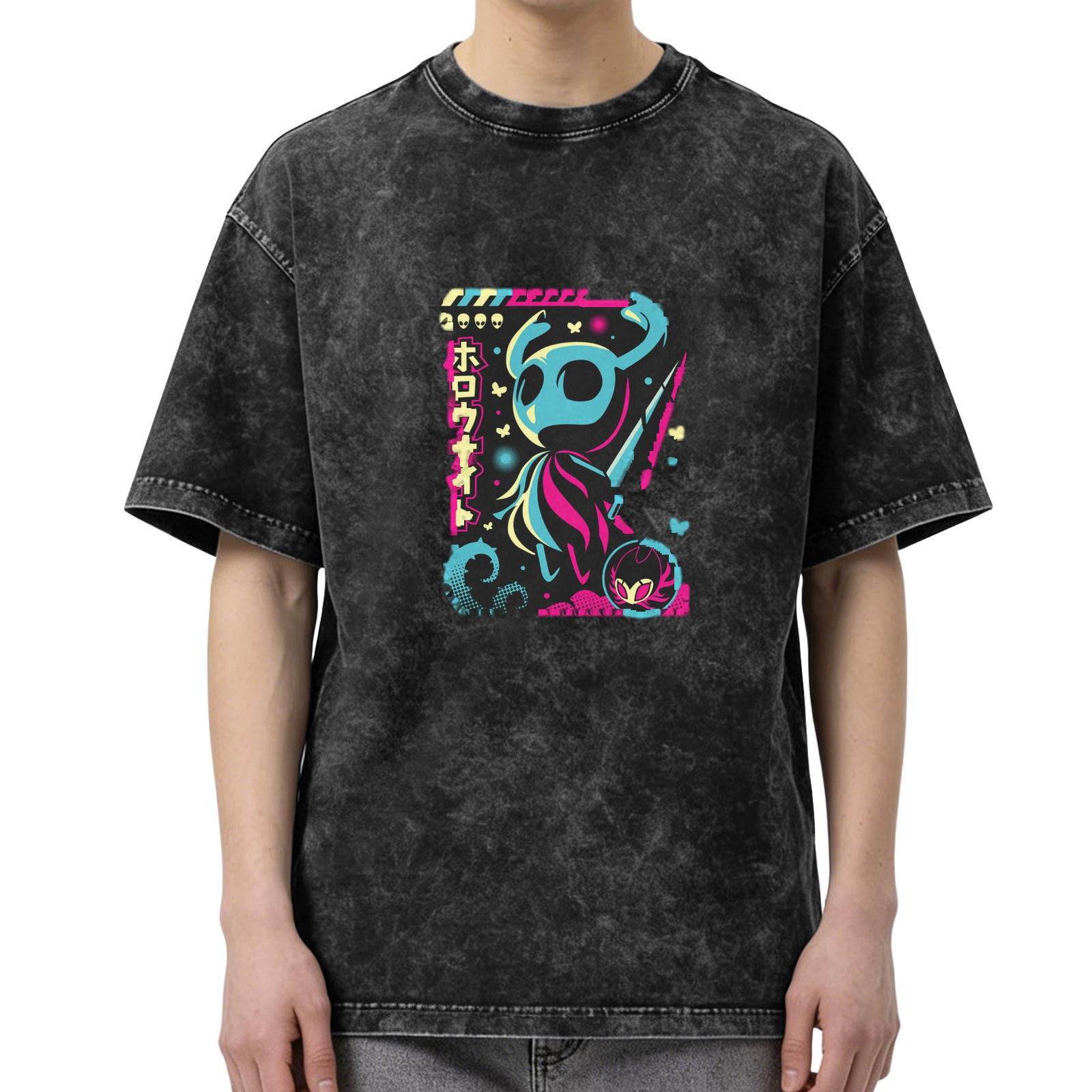 Hollow Knight Neon Graphic Acid Wash Cotton T-Shirt
