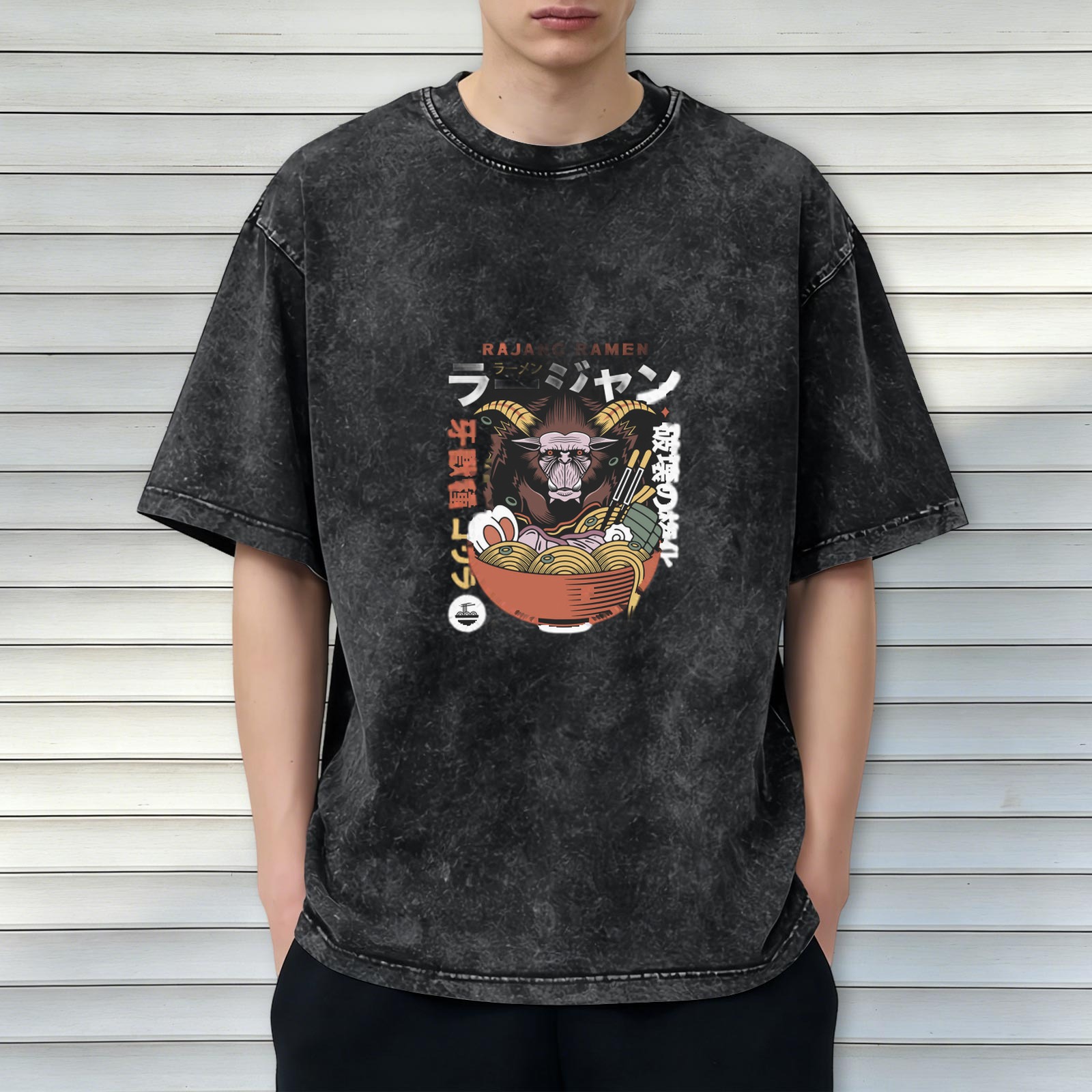 Oversized Acid Wash T-Shirt With Monster Ramen Graphic Print