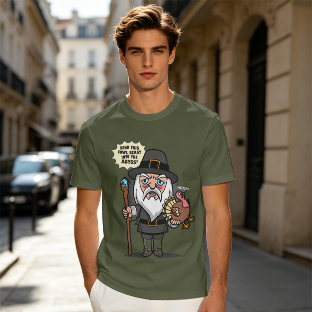 Wizard Pilgrim Holding Turkey Funny Thanksgiving T-Shirt Design