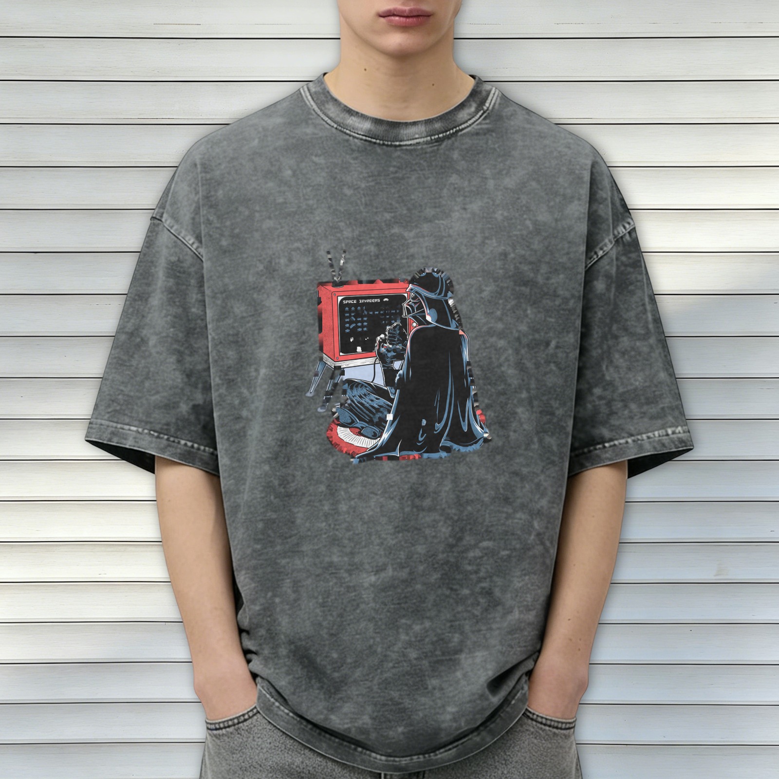 Vintage Washed Black T-Shirt with Darth Vader Retro Computer Graphic Print